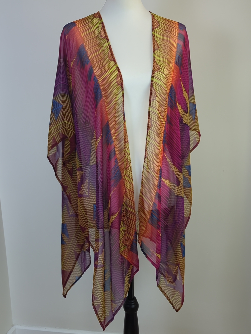 Chico's 100% Silk Abstract Geometric Kimono Wrap Ruana Mustard Magenta OS